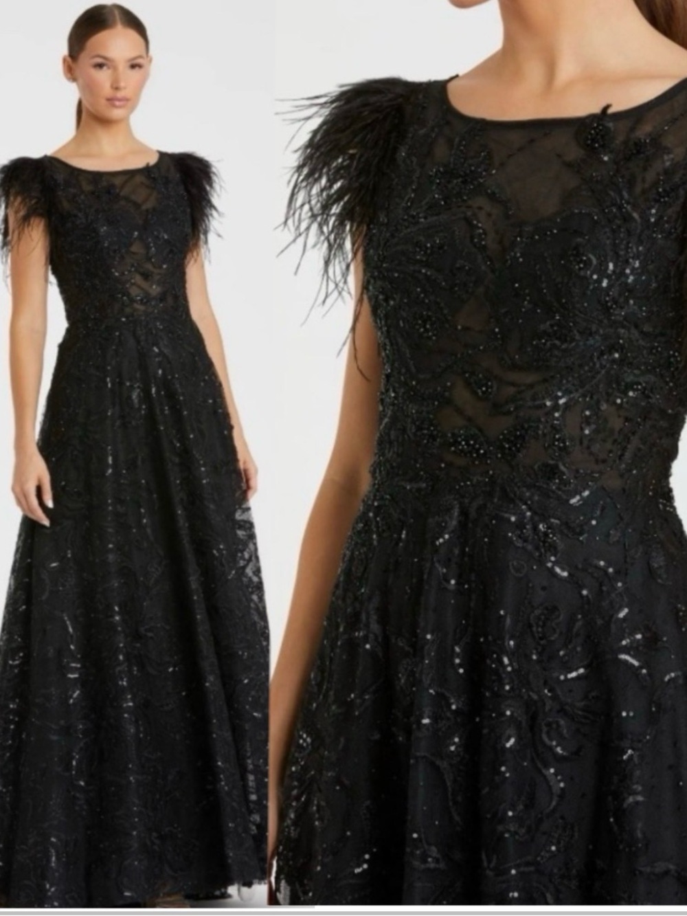 Black Embellished Boat Neck A-Line Gown with Feather Sleeves size 18. NWT